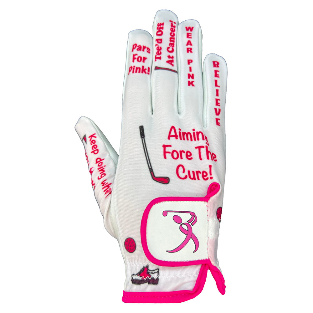 White golf glove with pink accents and breast cancer awareness messages on a white background. Worn on right hand.