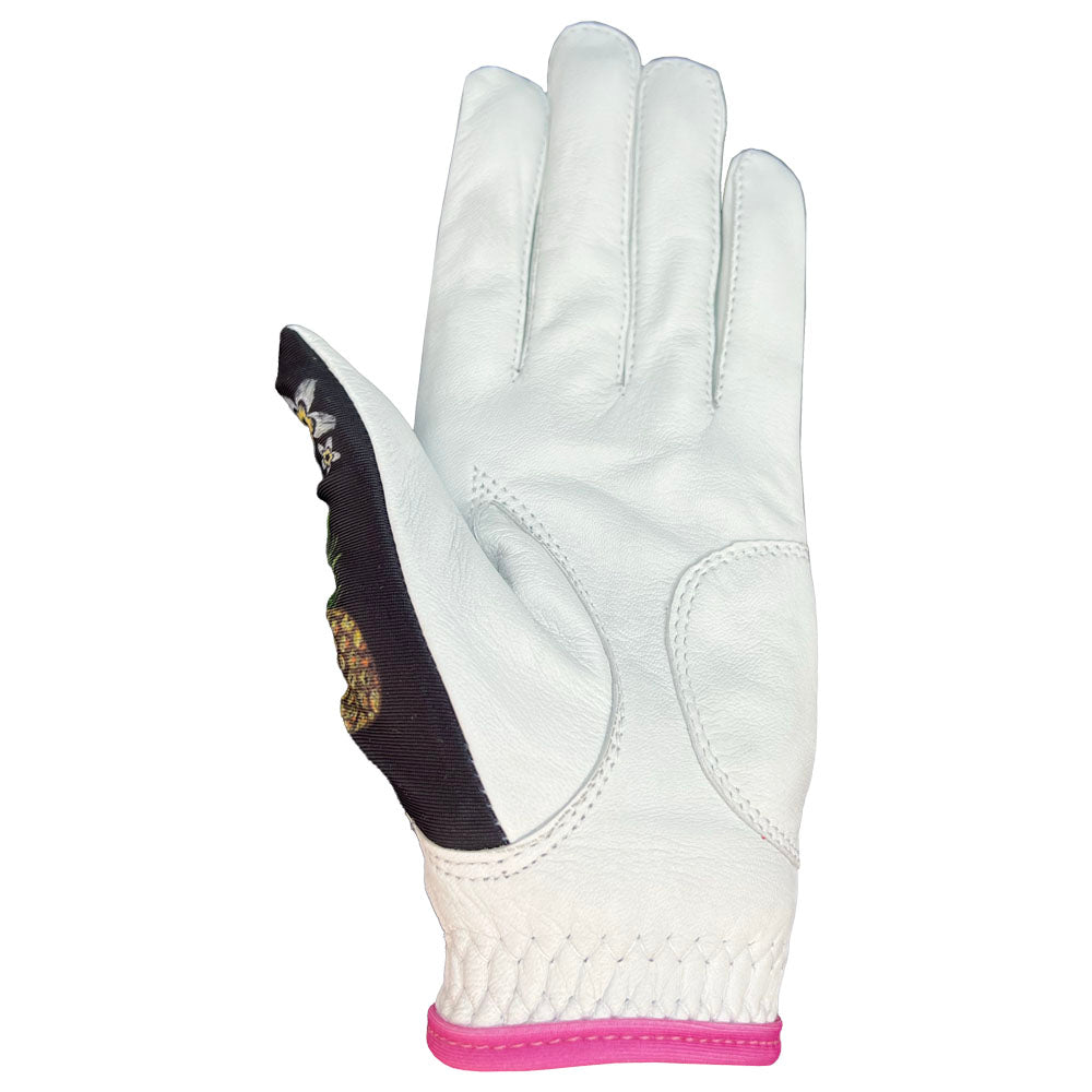 White golf glove with pink trim on a white background. worn on left hand, palm side up.