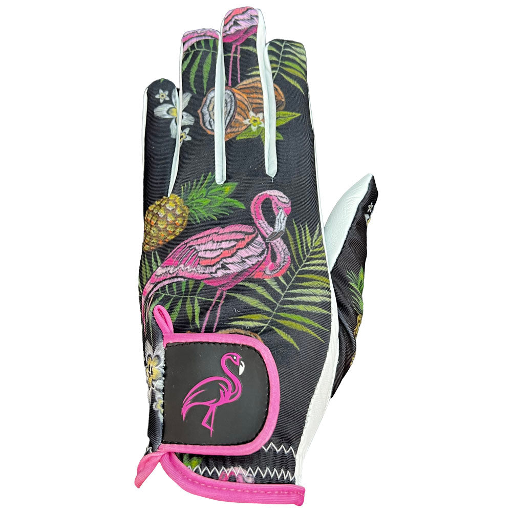 Women's golf glove with flamingo and tropical leaf design on a white background. worn on left hand.