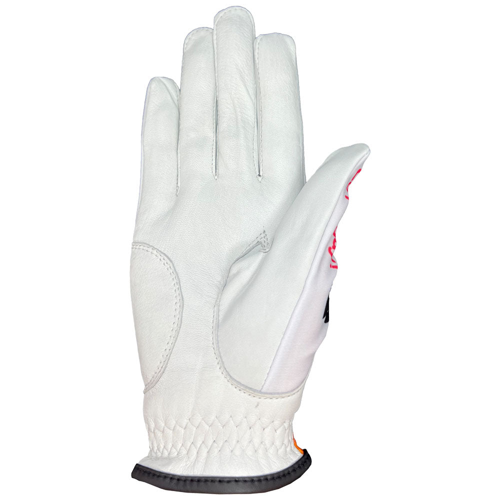 White golf glove on a white background. palm up worn on right hand.