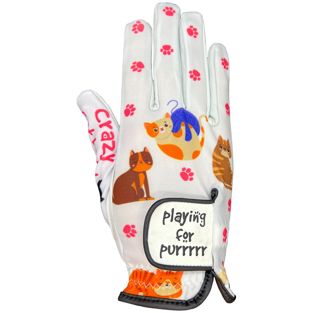 Women's golf glove with cat illustrations and text on a white background. Worn on Right Hand.