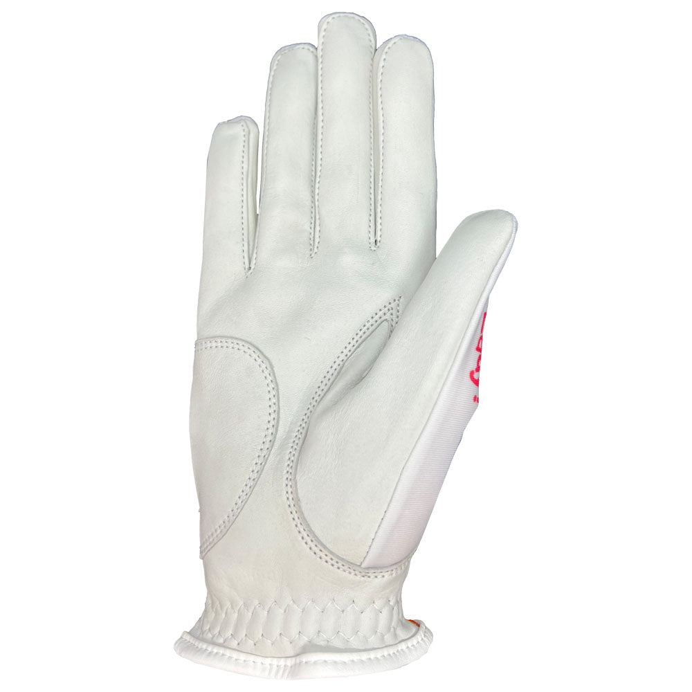 White leather glove on a white background. palm up white trim.