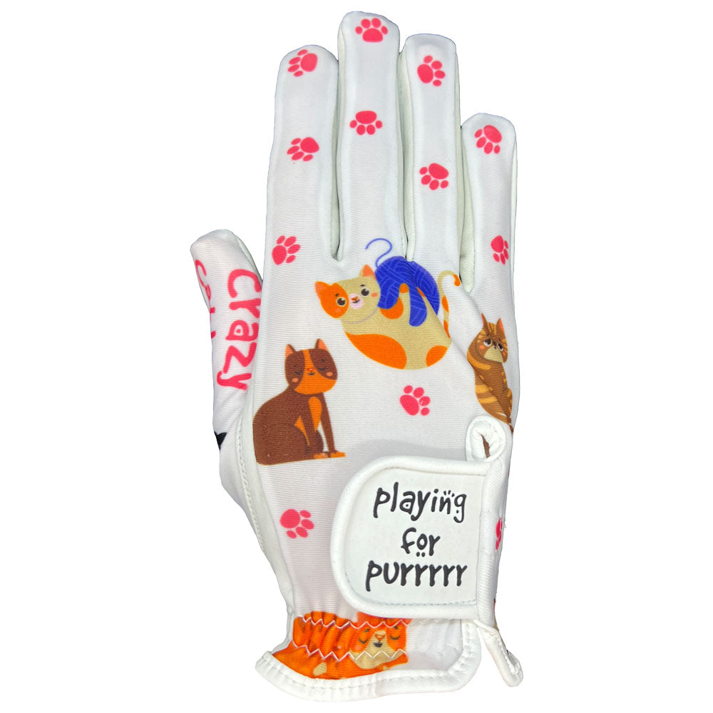 Glove with cat-themed design and text on a white background. White trim. Worn on right hand.