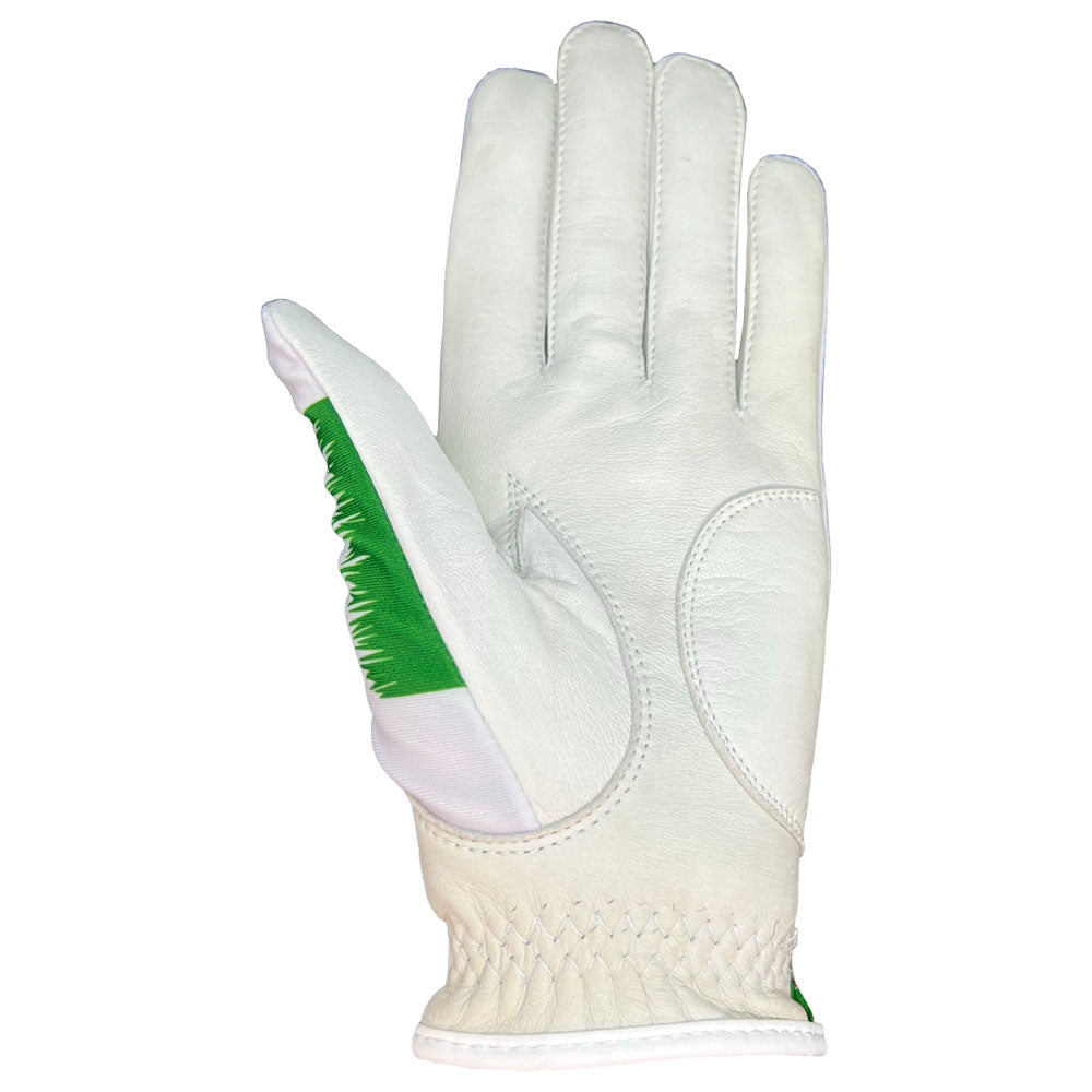 Women's white golf glove with green accents on a white background. worn on left hand.