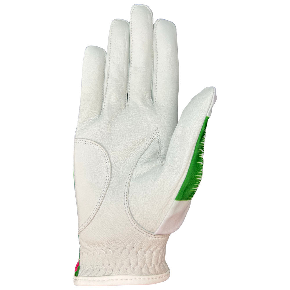 Women's white golf glove with green accents on a white background. worn on right hand.