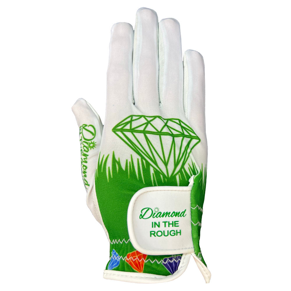 White glove with colorful diamonds in the rough. Larger diamond sits atop the grass. Diamond in the Rough on strap and thumb. worn on right hand.