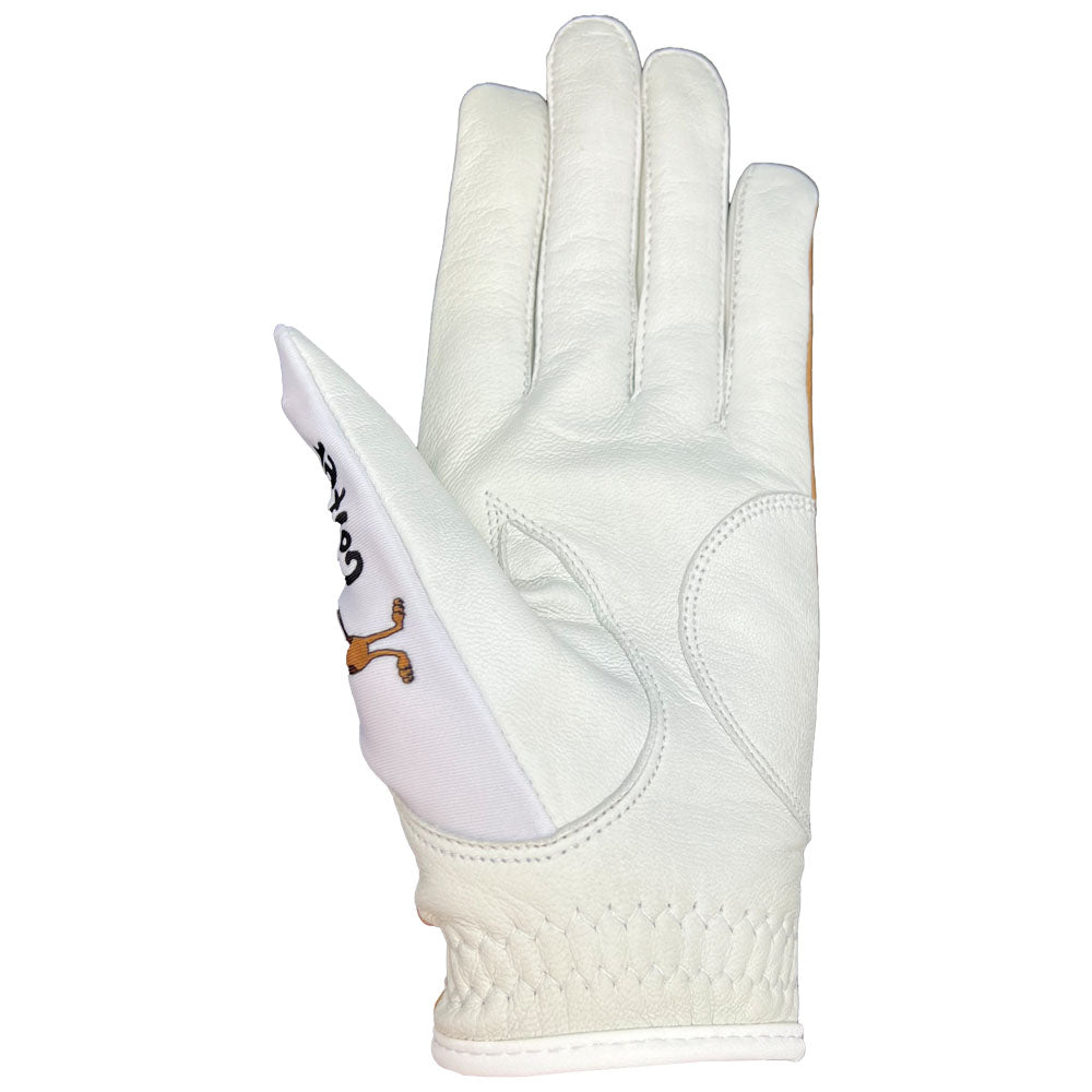 White golf glove with a dog-theme on a white background. palm side, worn on left hand.