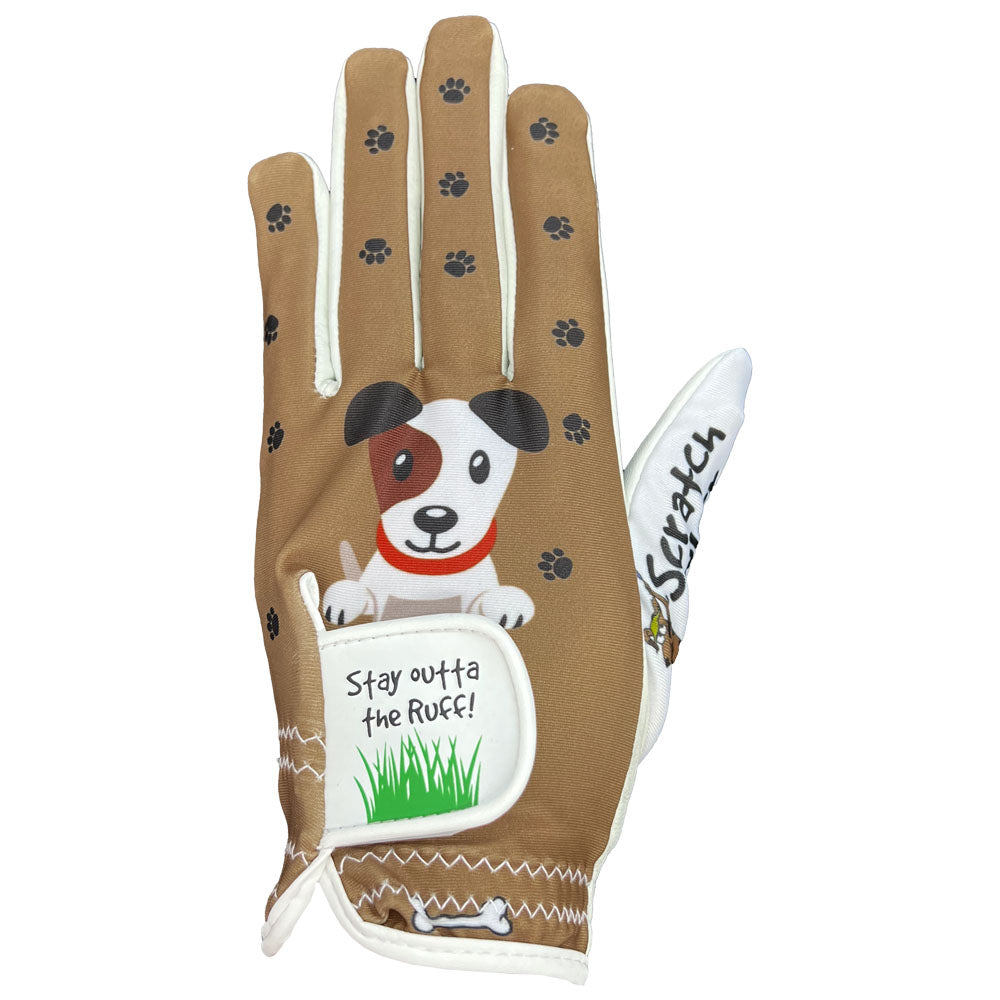 Brown and white glove featuring a cute dog, paw prints, and a bone. Adjustable straps tells you to Stay Outta the Ruff!