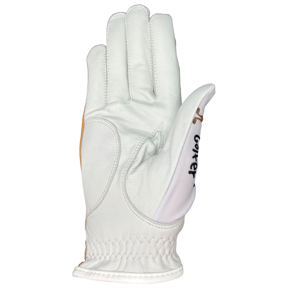 White golf glove with a dog-theme on a white background. palm side, worn on right hand.