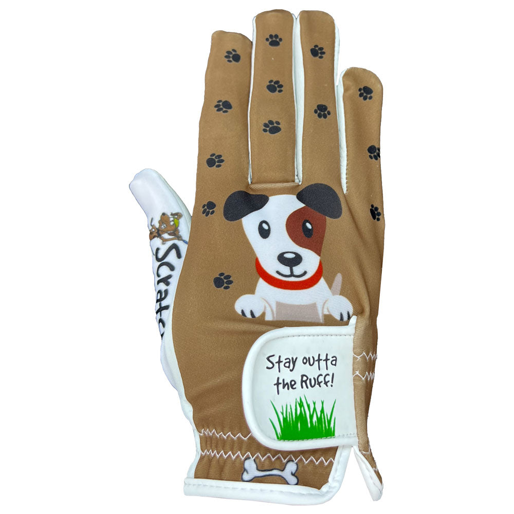 Brown glove with a cartoon dog design and text on a white background. worn on right hand.