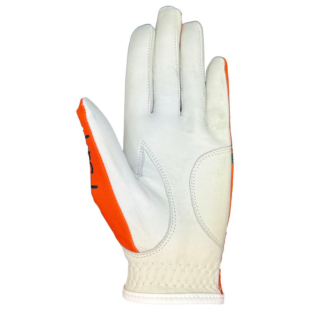 White glove with orange accents on a white background. worn on left hand.