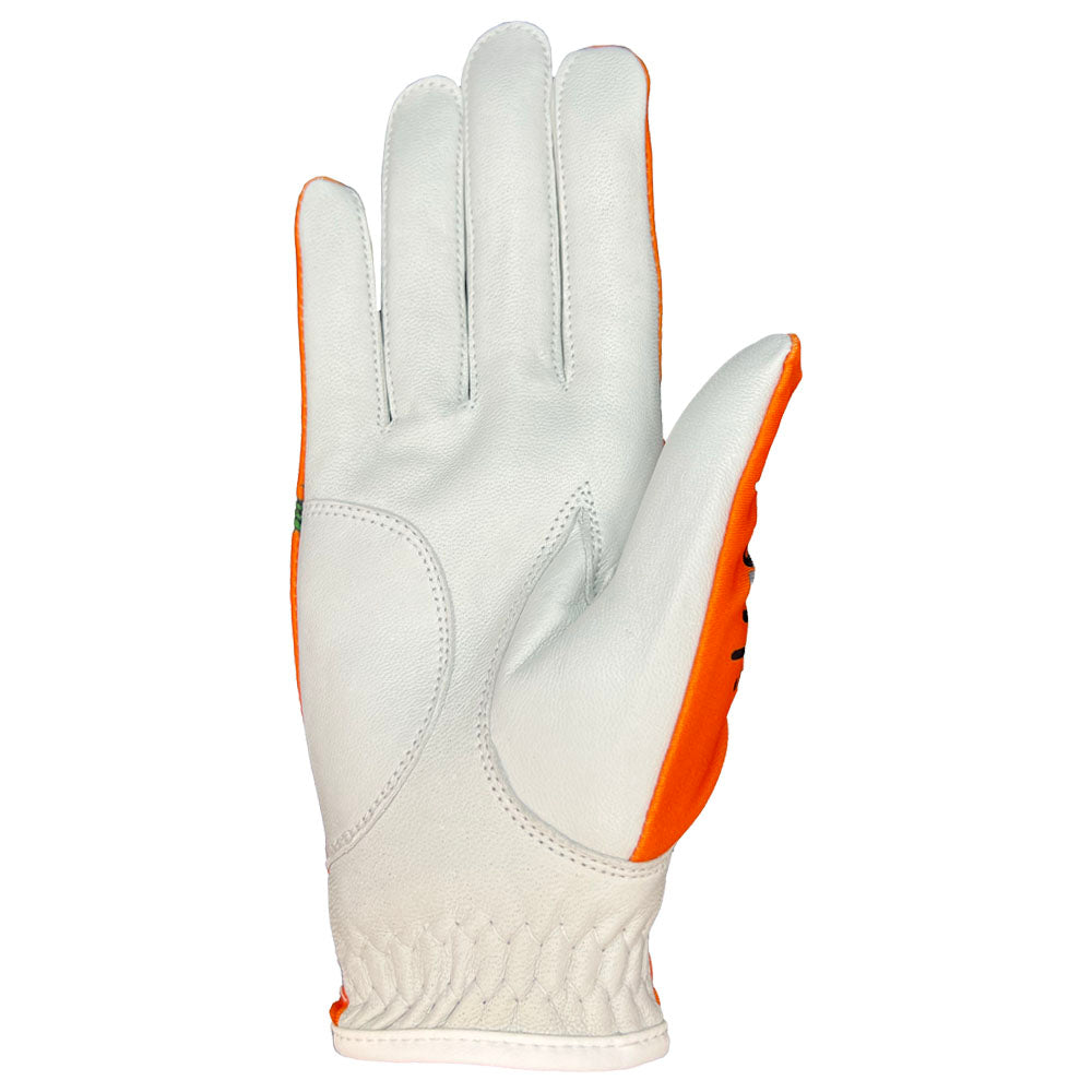 White golf glove with orange accents on a white background. worn on right hand.