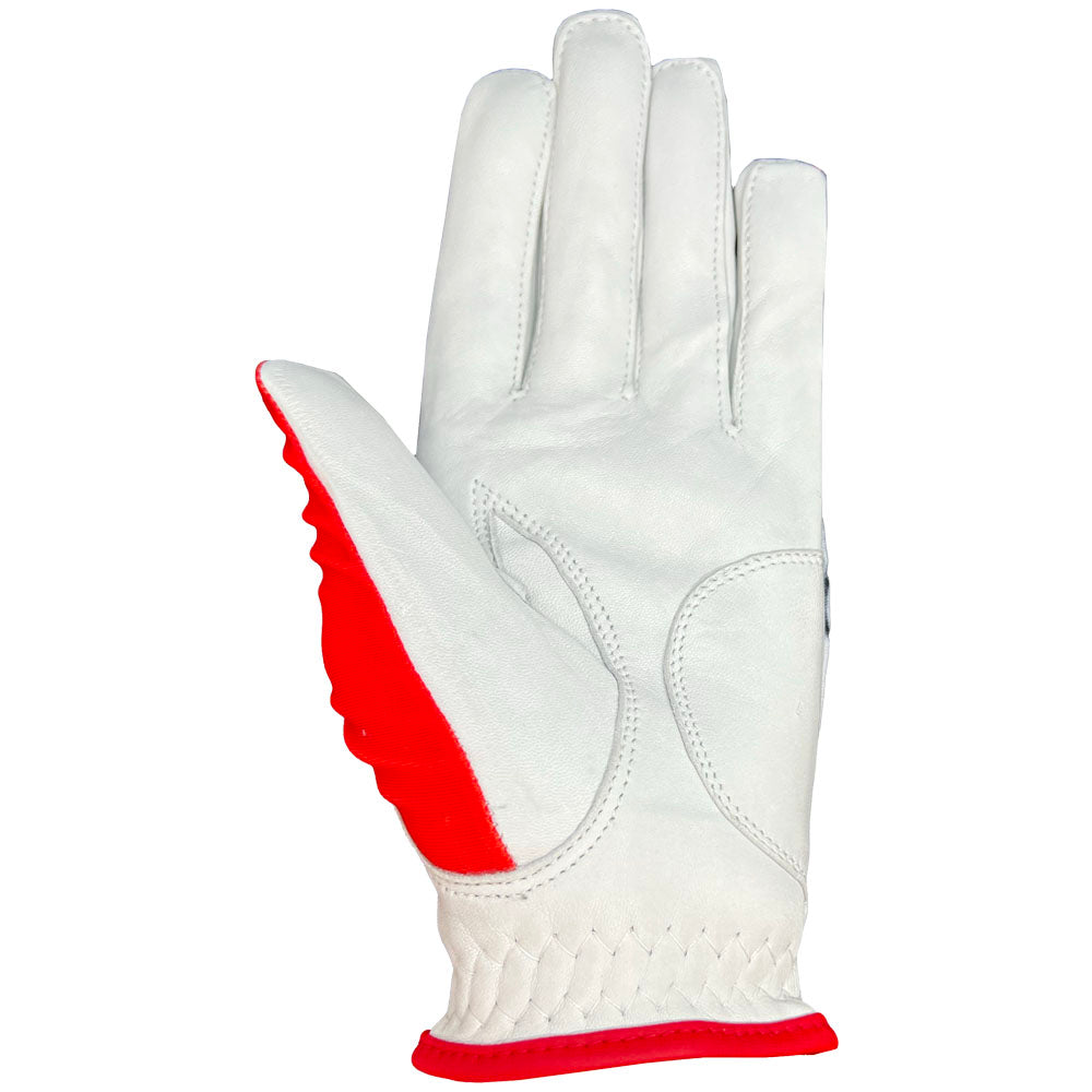 White golf glove with red accents on a white background. palm up, worn on left hand