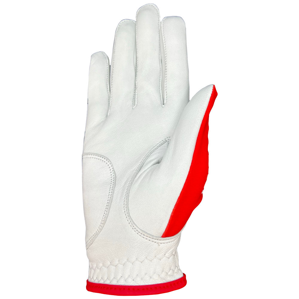 White golf glove with red accents on a white background. palm up, worn on right hand