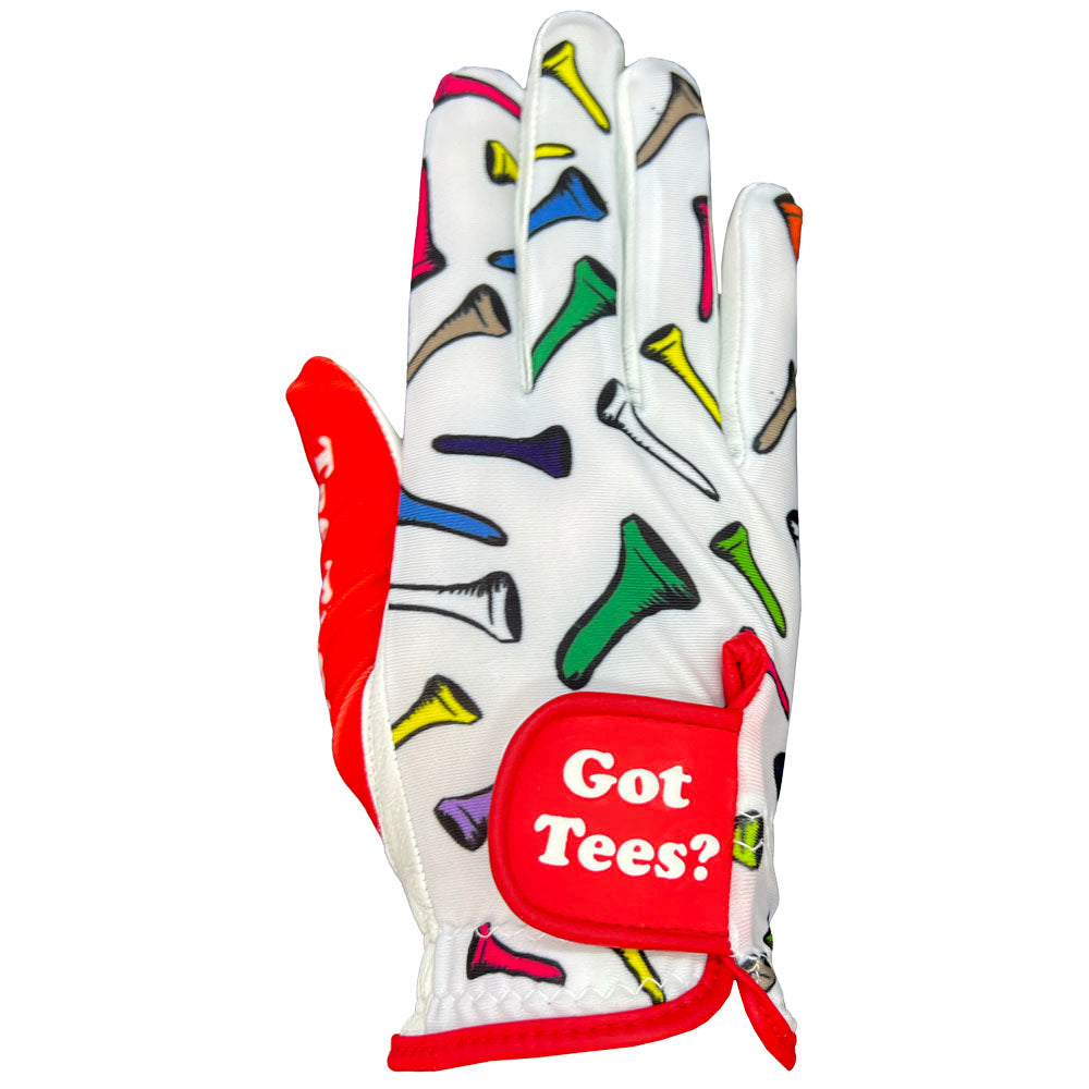 Golf glove with colorful golf tees design and 'Got Tees?' text on a white background. worn on right hand.