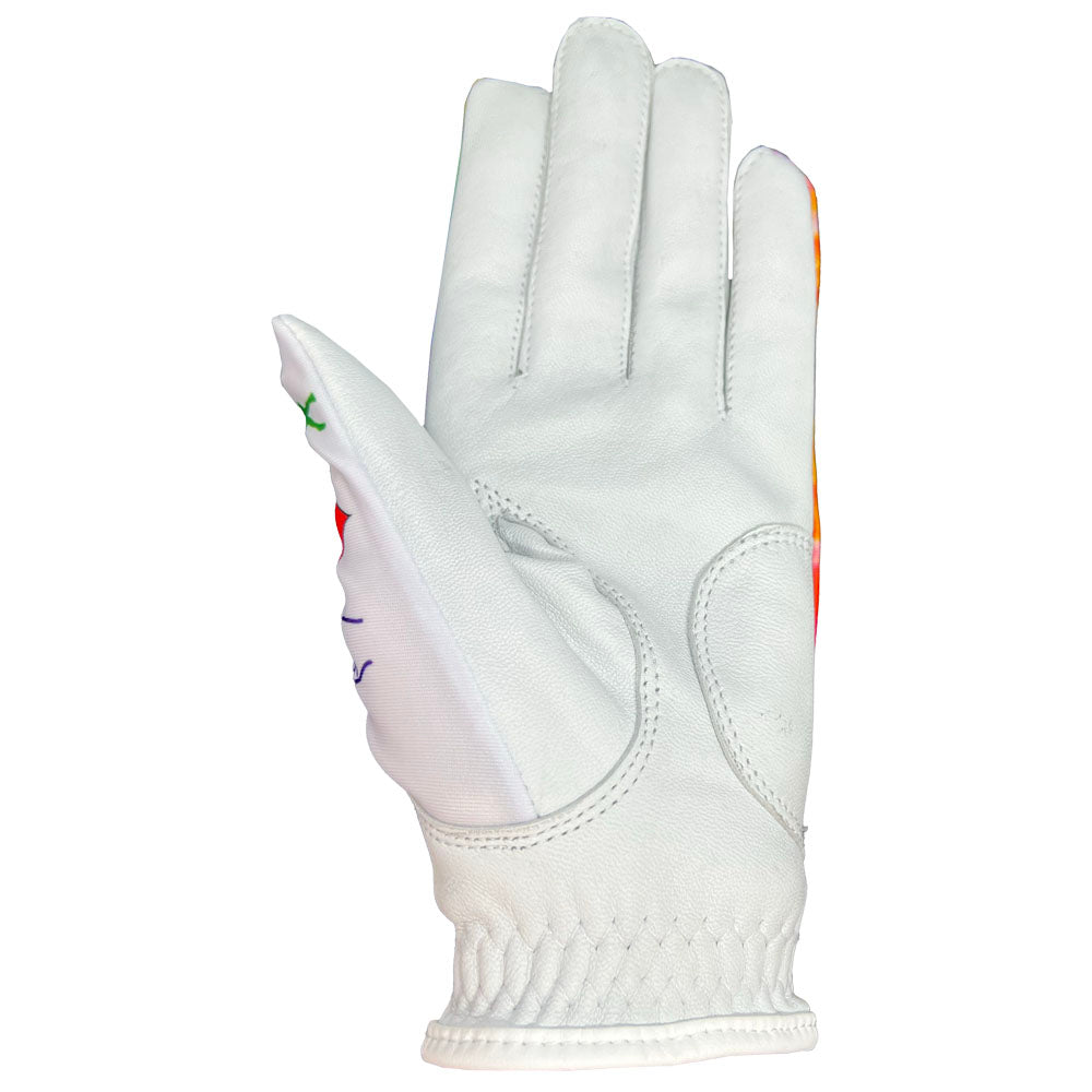 Groovy golf glove, palm up, on a white background. worn on left hand.