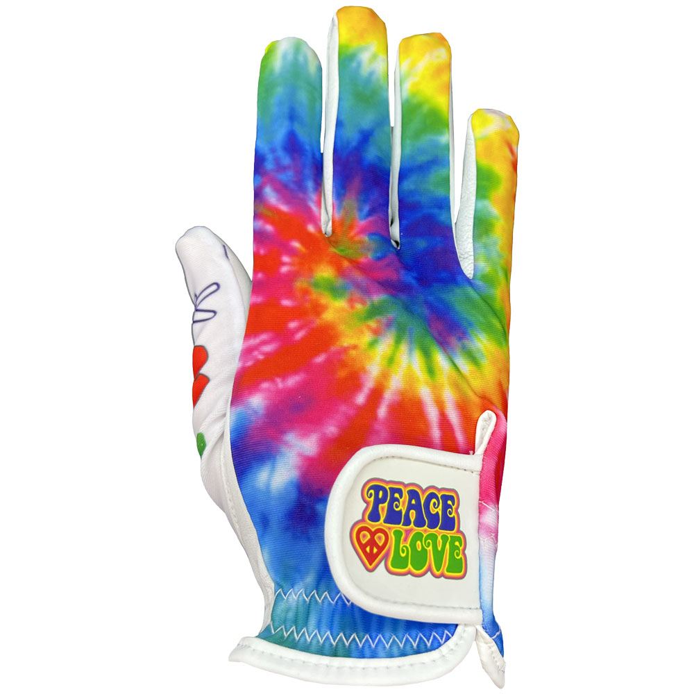 Tie-dye golf glove with 'Peace Love' text on a white background. Worn on right hand.