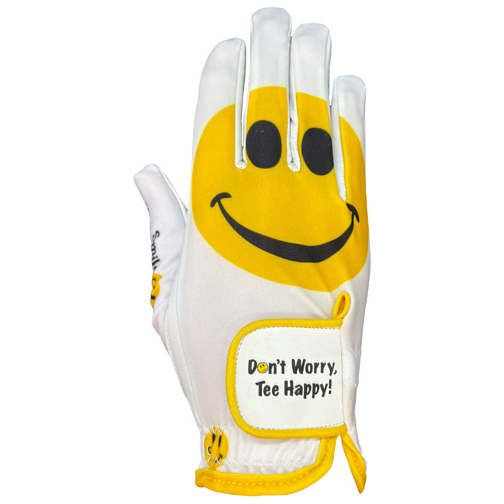 White glove with yellow trim features a large yellow happy face. The adjustable strap says Don’t Worry, Tee Happy! Right Hand.