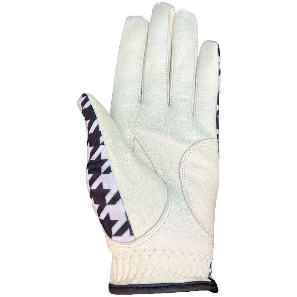 White glove with black and white pattern on a white background. palm up
