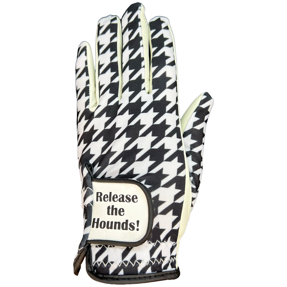 Black and white checkered golf glove with 'Release the Hounds!' text on a white background. worn on left hand