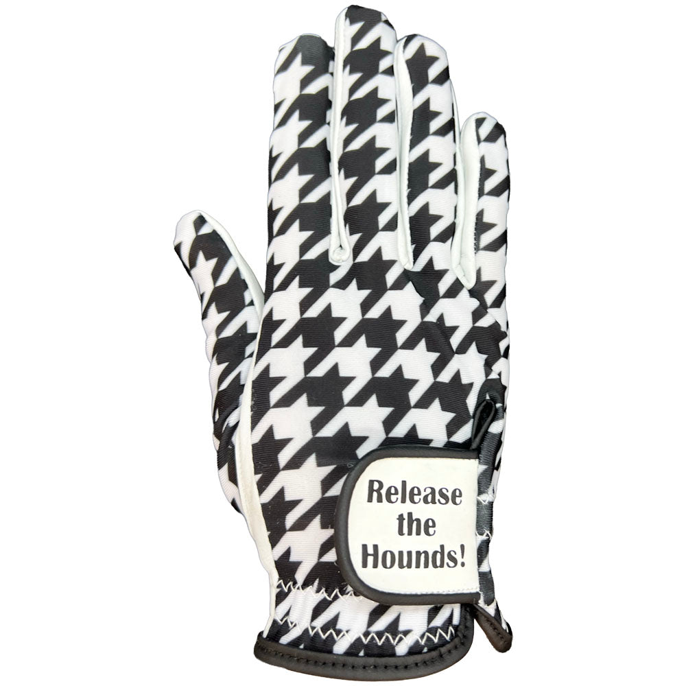 Black and white houndstooth patterned golf glove with 'Release the Hounds!' text on a white background