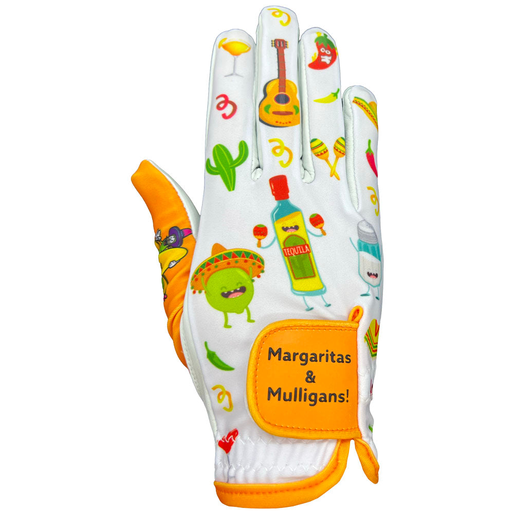 Golf glove with Mexican-themed design and 'Margaritas & Mulligans!' text on a white background