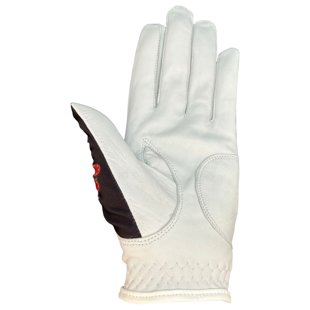 White golf glove with black and red accents on a white background. women's las vegas, palm side up.