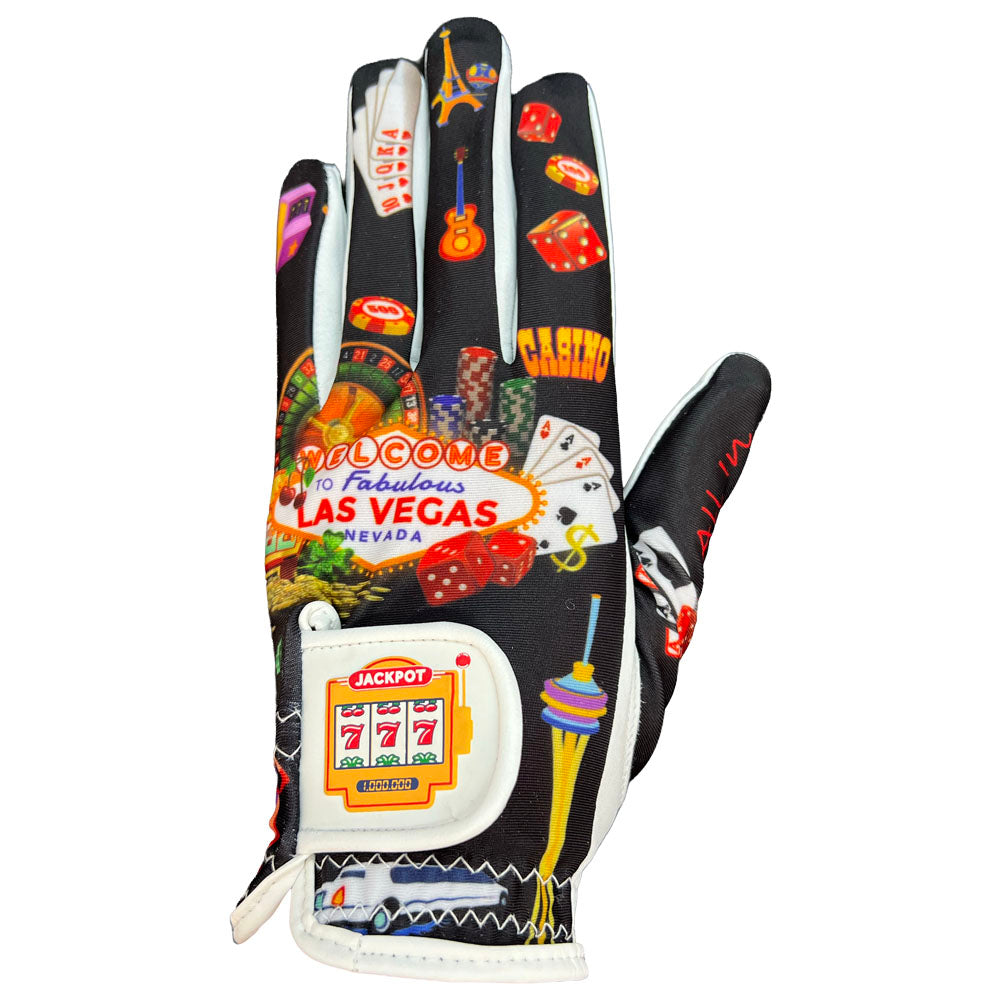 Black glove with casino themed icons. Cards, poker chips, dice. Slot machine of on the adjustable strap. Viva Las Vegas!