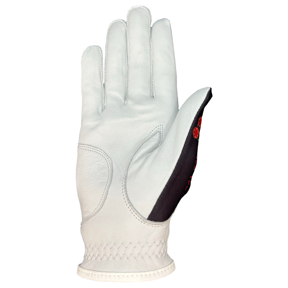 White golf glove with black and red accents on a white background. las vegas golf glove, palm side up, worn on right hand