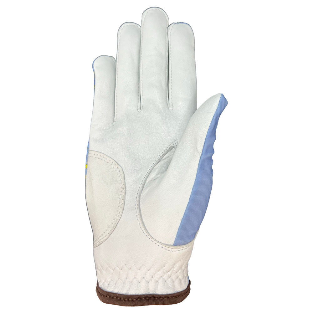 White golf glove with blue accents on a white background