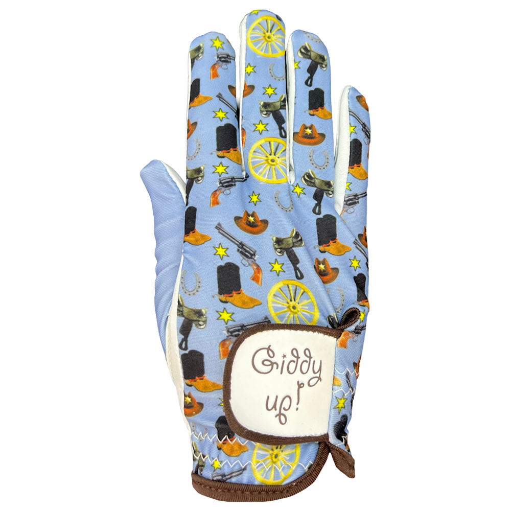 Women's golf glove with cowboy-themed design and 'Giddy up!' text on a white background. worn on right hand.