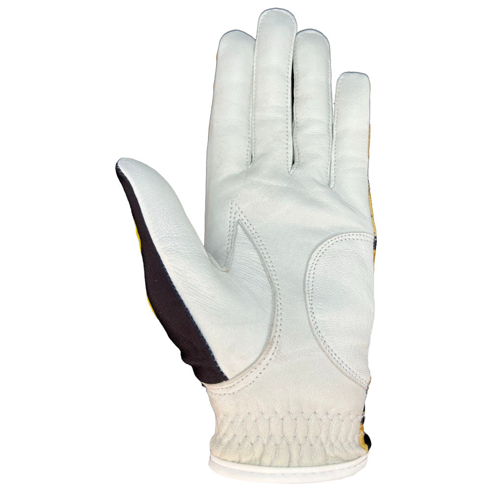 wild about golf glove, palm up, worn on left hand. white background