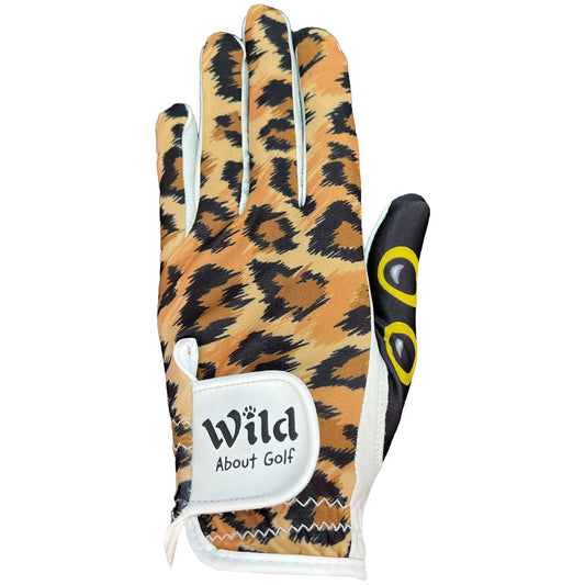 Glove has a leopard print with white trim. Adjustable strap says, Wild About Golf. Thumb features cat’s eyes. Get Wild!
