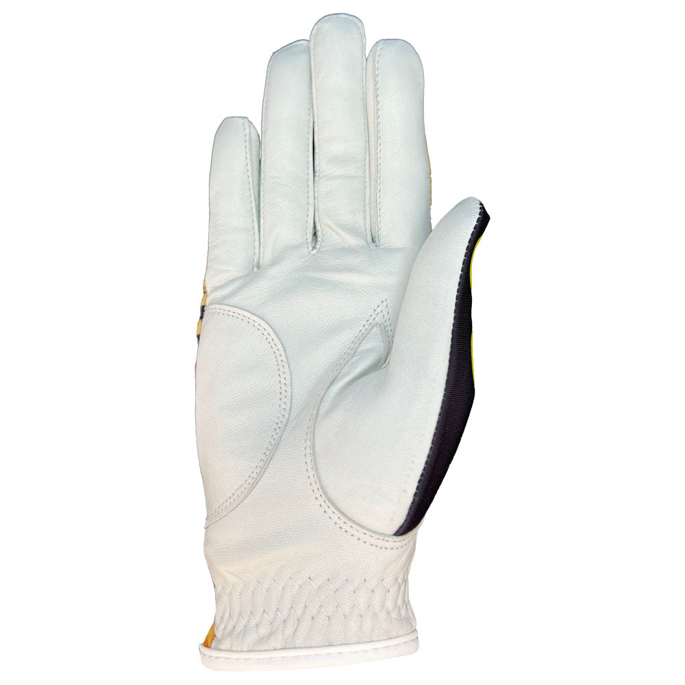 wild about golf glove, palm up, worn on right hand. white background