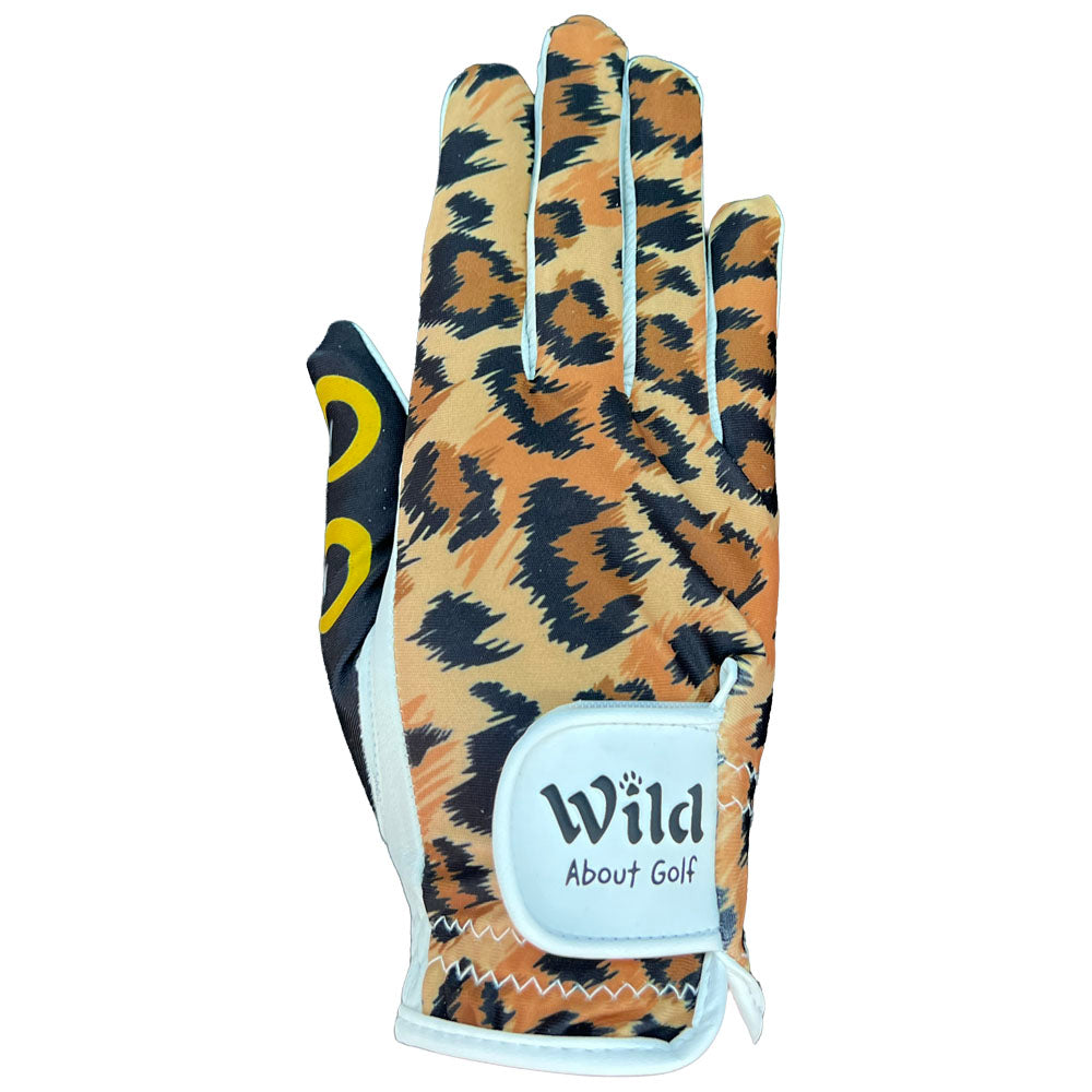 Leopard print golf glove with 'Wild About Golf' strap on a white background. Worn on right hand.
