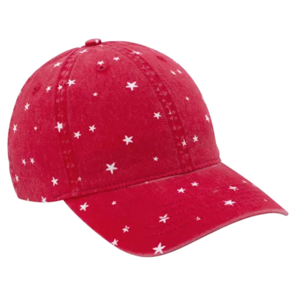 Red with white stars women's ponytail hat on white background