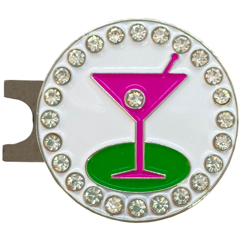 Pink martini glass hat clip golf ball marker with bling accents, white background, green base, and stylish design for female golfers.