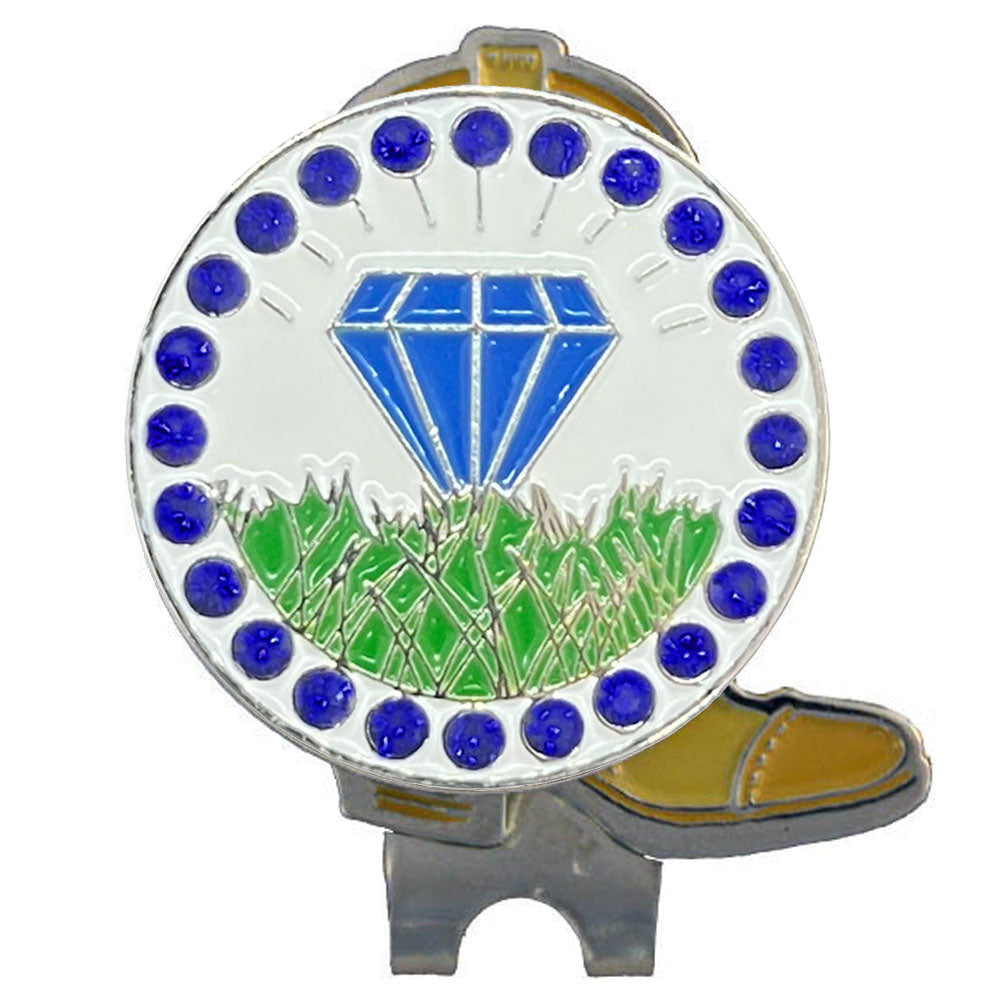 Blue Diamond themed bling ball marker on a boot shaped hat clip, on a white background- great for denim and diamond golf tournaments