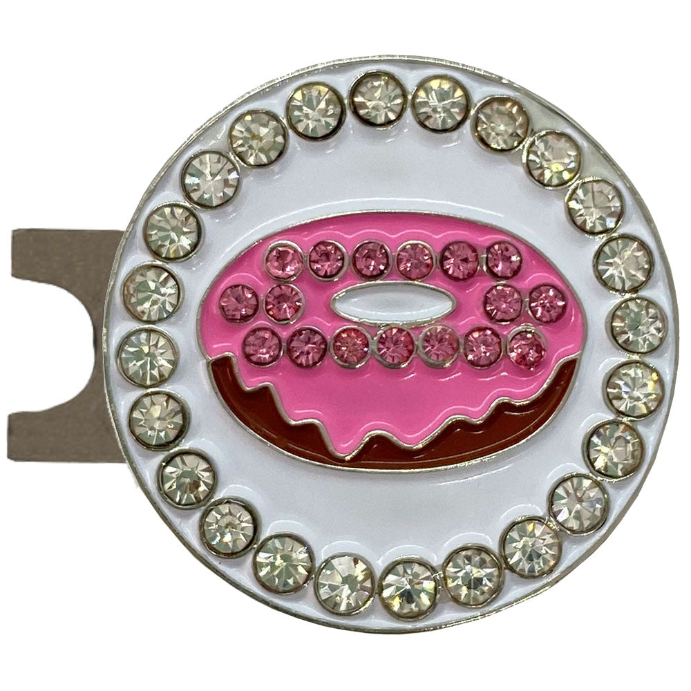 Pink frosted donut marker with crystal accents make this fun and stylish design a favorite for female golfers.