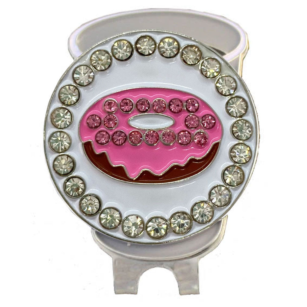 Pink frosted donut marker with crystal accents make this fun and stylish design a favorite for female golfers.