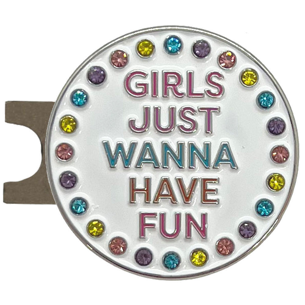 Round golf ball marker with hat clip, with 'Girls Just Wanna Have Fun' text and colorful crystals on a white background