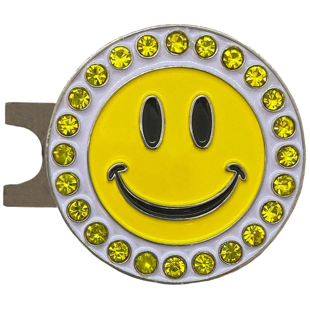 Yellow Happy Face ball marker with Vibrant yellow crystal accents. Joyful design for women golfers. Smile, you are golfing!
