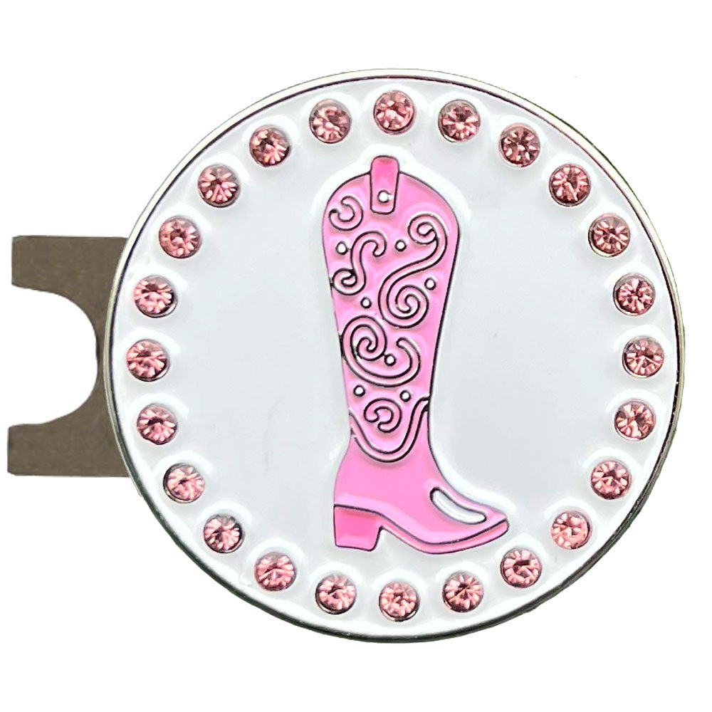 Pink cowboy boot design with pink bling, attached to a magnetic hat clip.