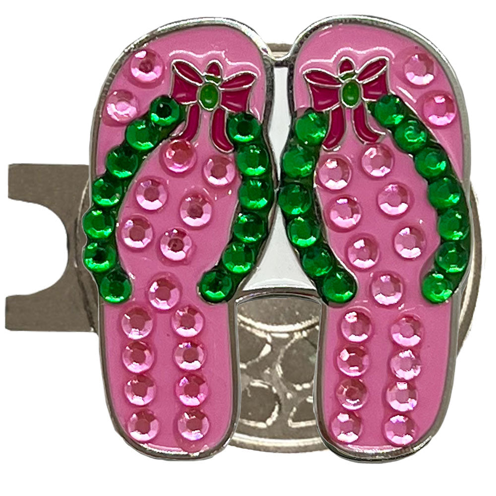 Pink flip-flop shoes with green straps golf ball marker and rhinestones on a magnetic hat clip.