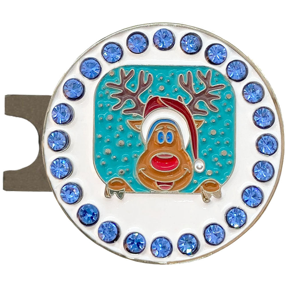 Golf ball marker with reindeer design and blue gemstones on a white background