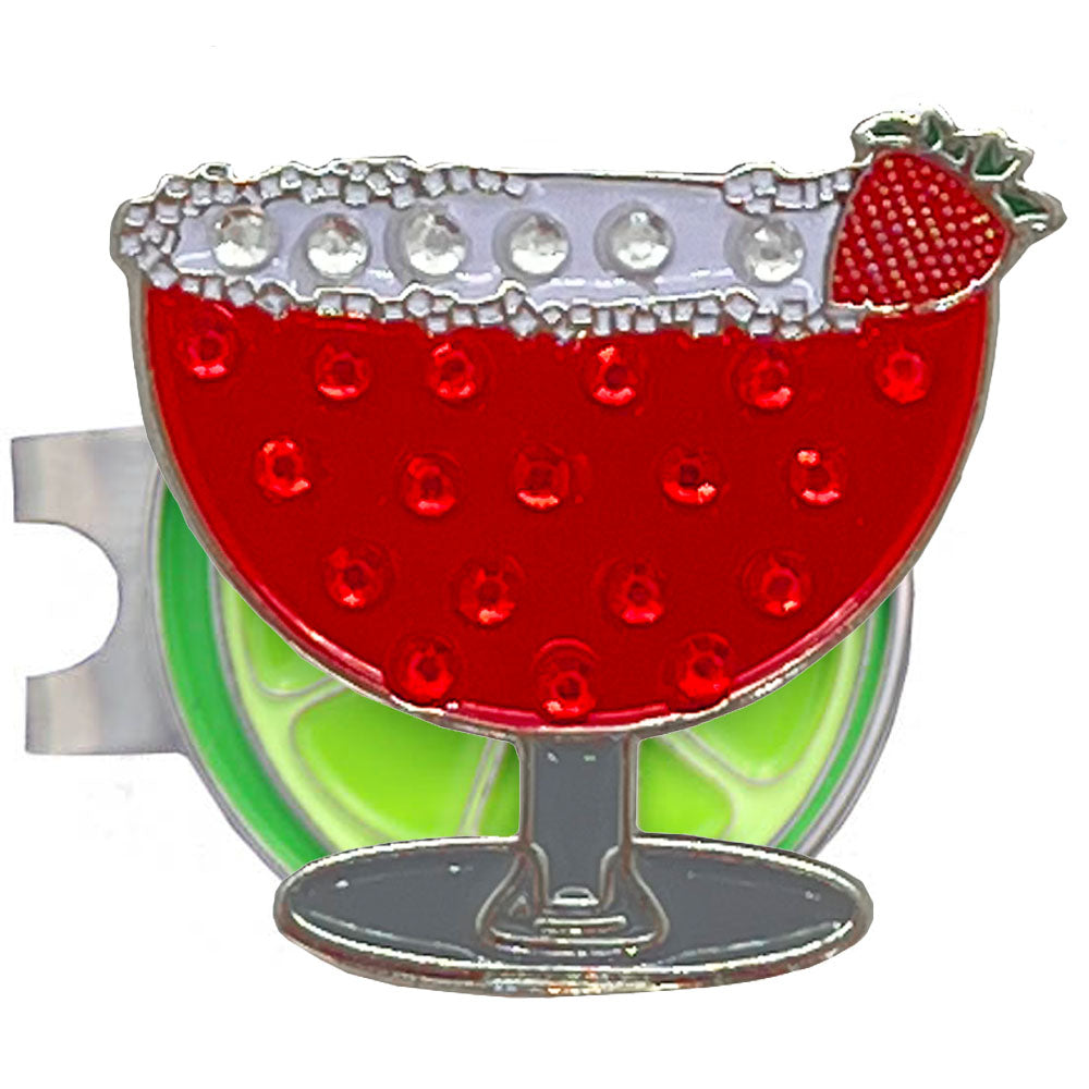 Bling red margarita golf ball marker on a lime shaped hat clip, on a white background.