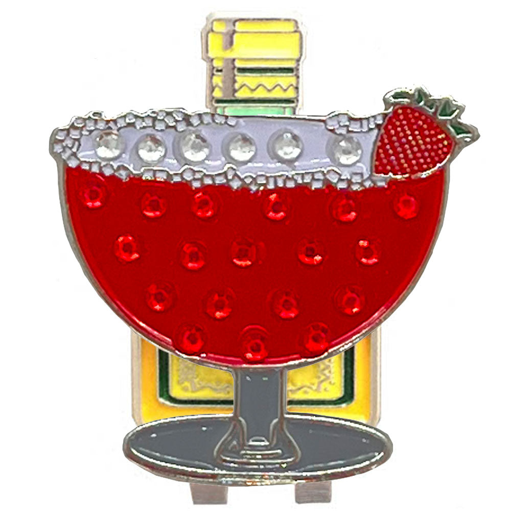 Bling red margarita golf ball marker on a tequila bottle shaped hat clip, on a white background.