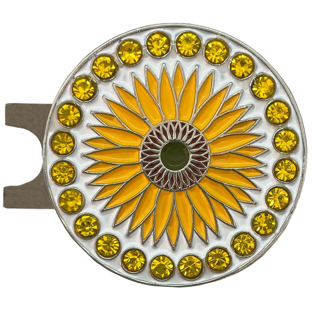 Golden crystal accents around a friendly sunflower marker. Women golfers will love this stylish design. Flower power!