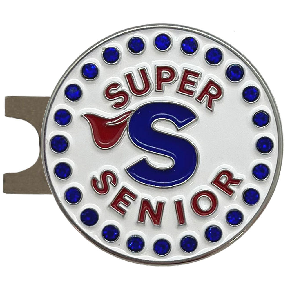 Golf hat clip ball marker with 'Super Senior' text and blue accents on a white background