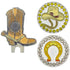 a magnetic brown cowboy boot shaped hat clip with two western golf ball markers (cowboy hat and a horseshoe)